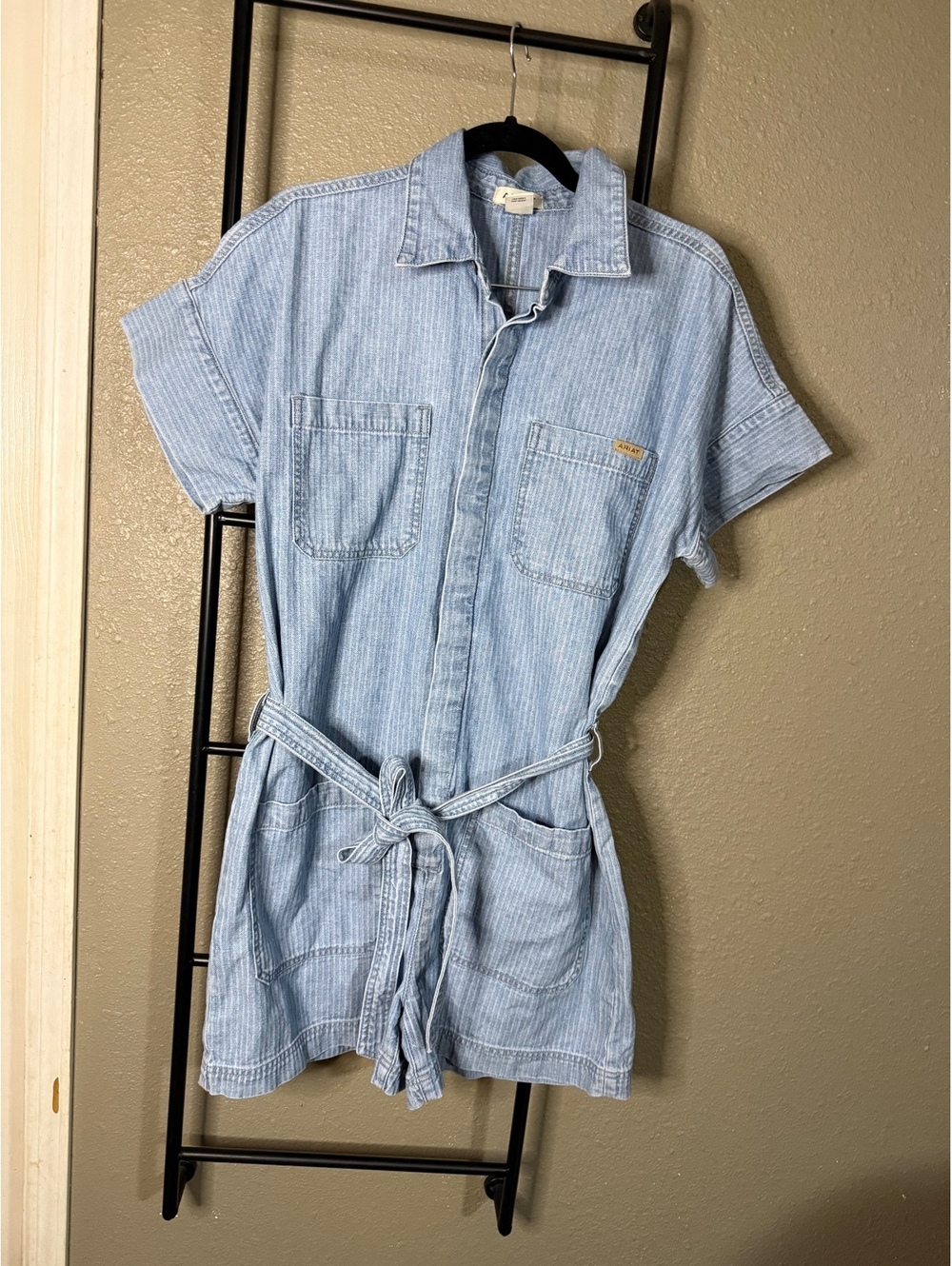 Ariat Women’s Large Blue Striped Denim Chambray Belted Romper
